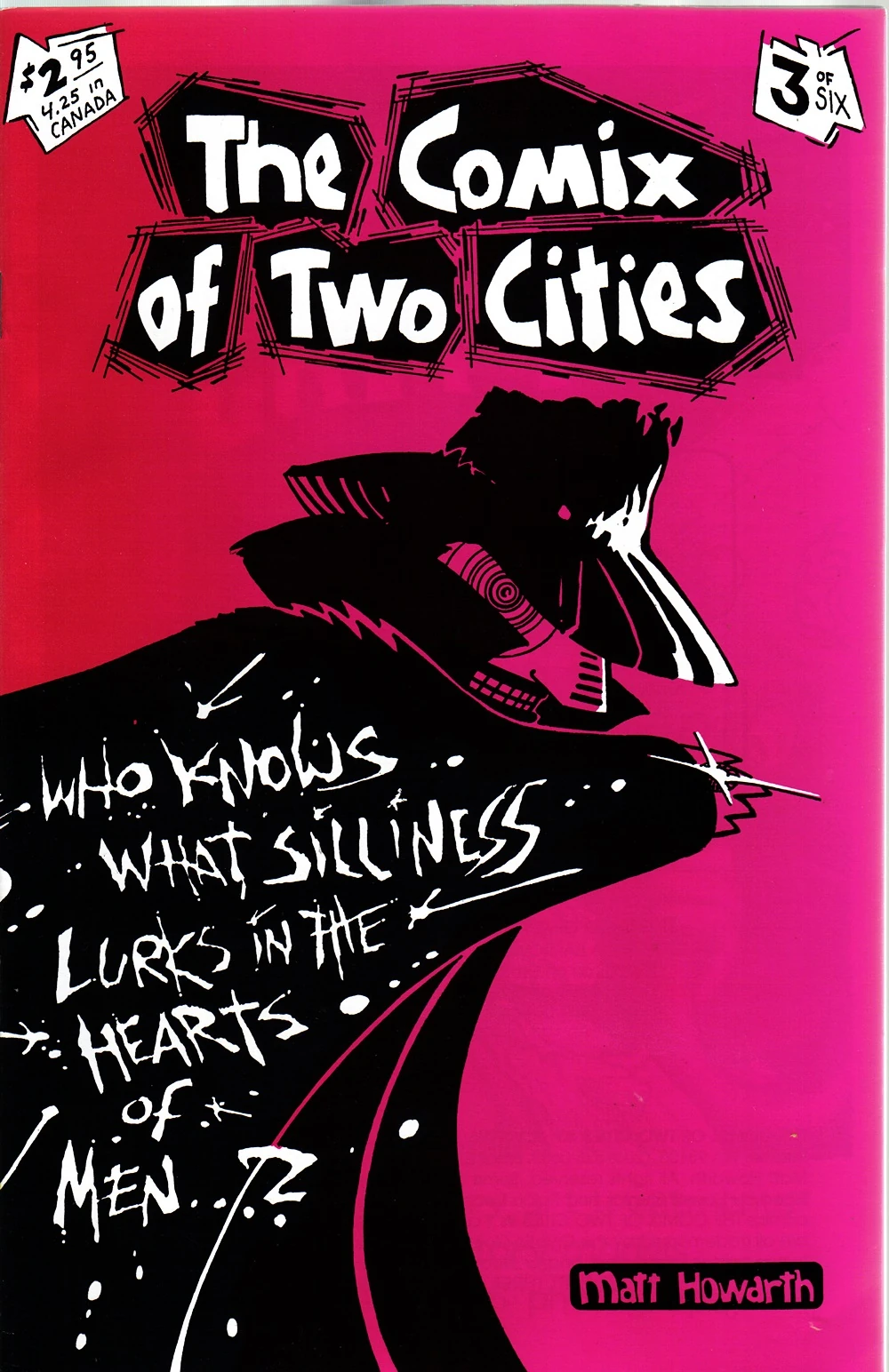 The cover for the reprint third issue of the Comix of Two Cities. It features one of the characters, Shadomole, with the caption on their coat, Who knows what silliness lurks in the hearts of men?