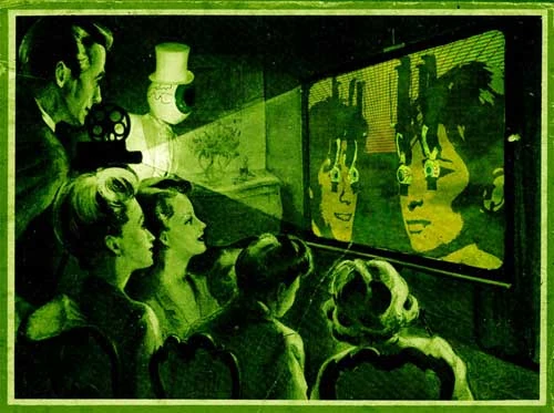 an edited vintage drawing of a group of people looking at a projector. It's edited to feature an eyeball Residents in the group and the projection projecting the Commercial album.