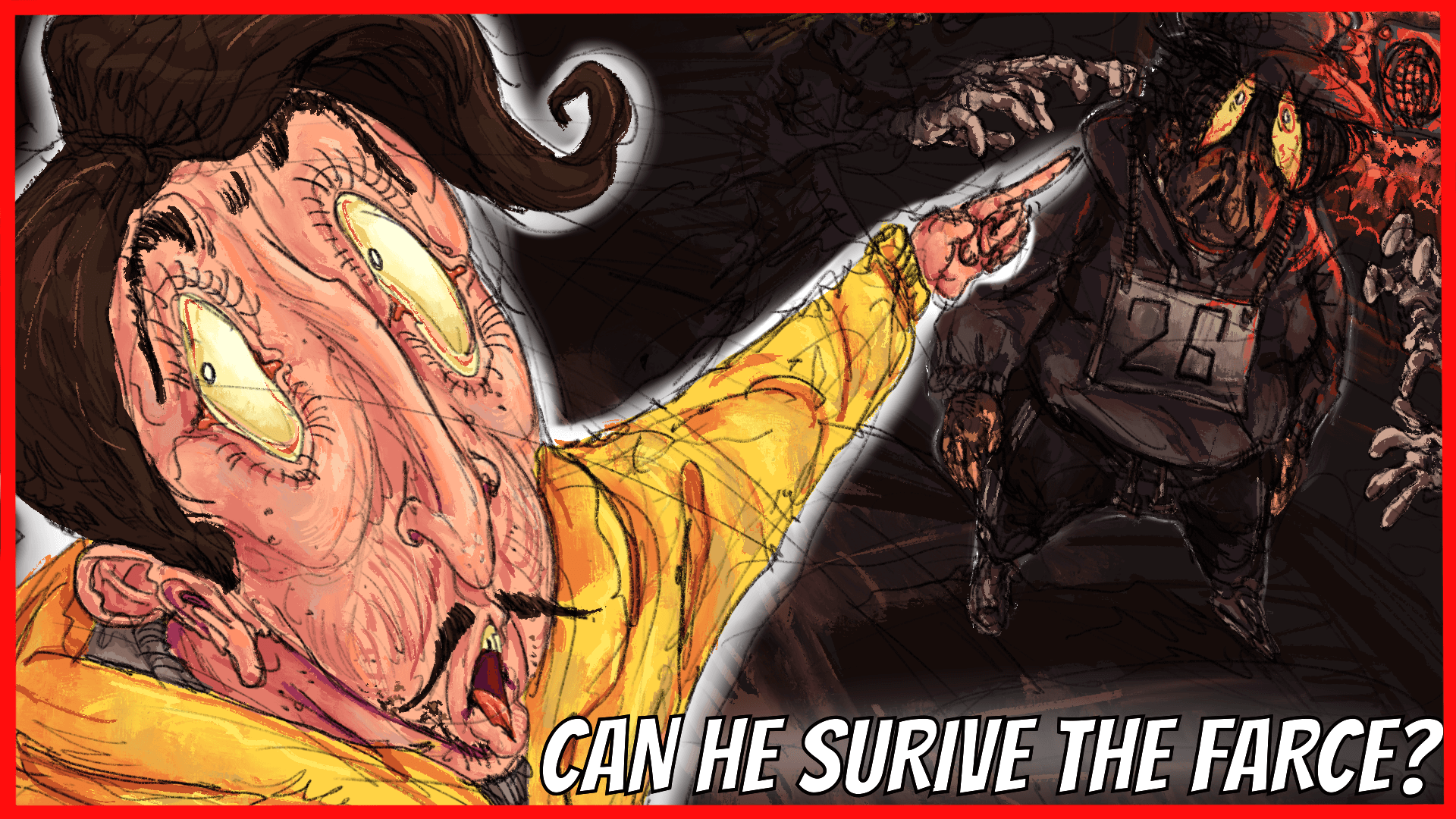 A hypothetical thumbnail for one of the Noise's prank videos. The Noise is pointing at Peppino and pogging. The Noise is depicted as a semi-realistic looking man with a mustache, yellow hoodie, and parted hair with a curl at the end. Peppino is in a dark, ominous room, standing fearfully as mysterious hands reach out to grab him. His upper body is being lit up by a red light. There is white text on the bottom right that reads, 'CAN HE SURVIVE THE FARCE?'
