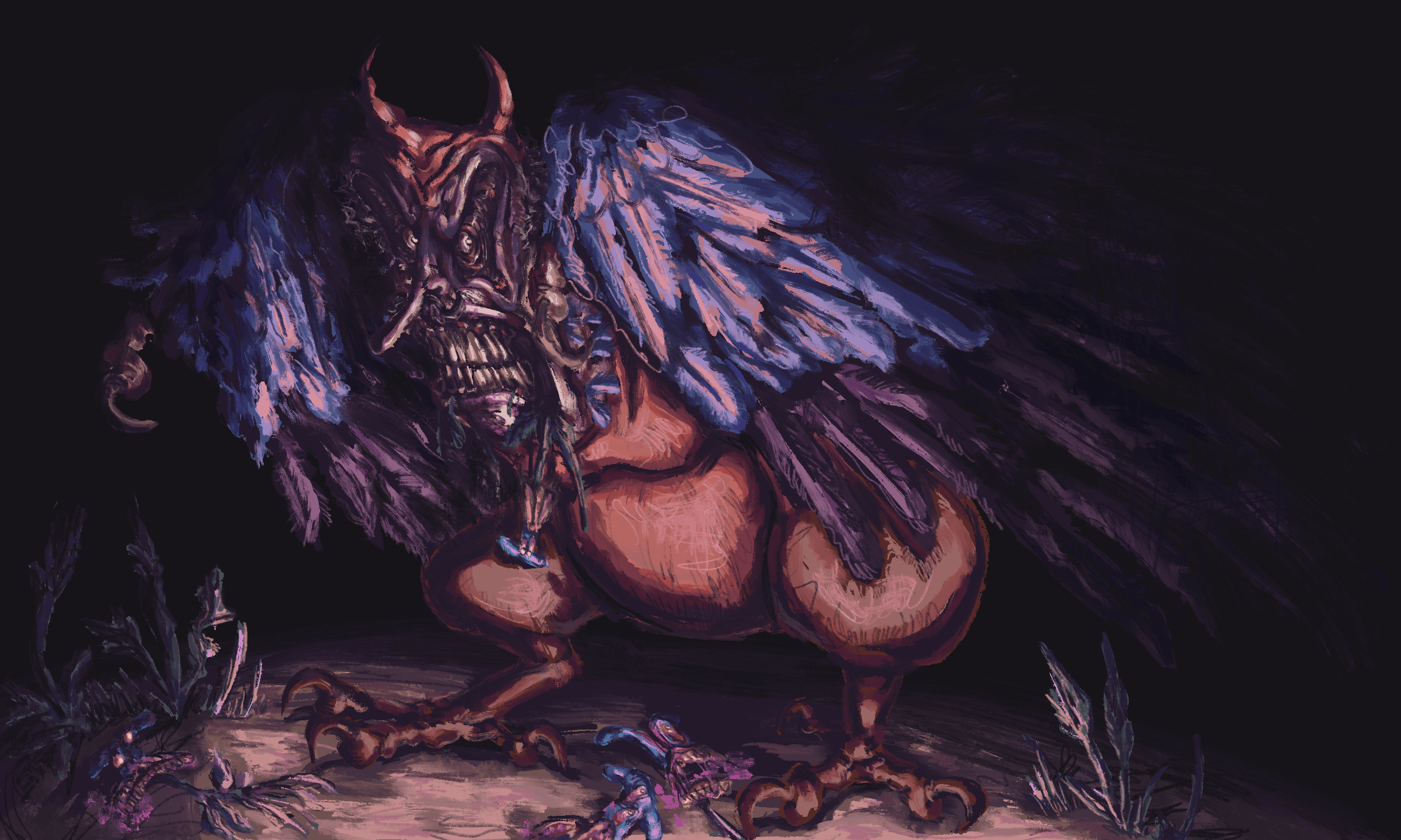 A painting called 'Look Who Inspected the Flower Bed!' It depicts Peddito in the dark being lit up by a spotlight as he rips up Doise flowers out of a barren garden. Peddito's design is different from his original, and he is now a harpy with sharp talons, wings replacing his arms, tiny eyes inside of his large socketed eyeholes, and a grotesque-like face. Additionally, his hat is now shaped to be short devil horns. The Doise flowers are screaming in pain and bleeding pink blood, and some of their faces have been ripped in half. The background is pitch black, implying the piece takes place at night. There is no signature on the painting.