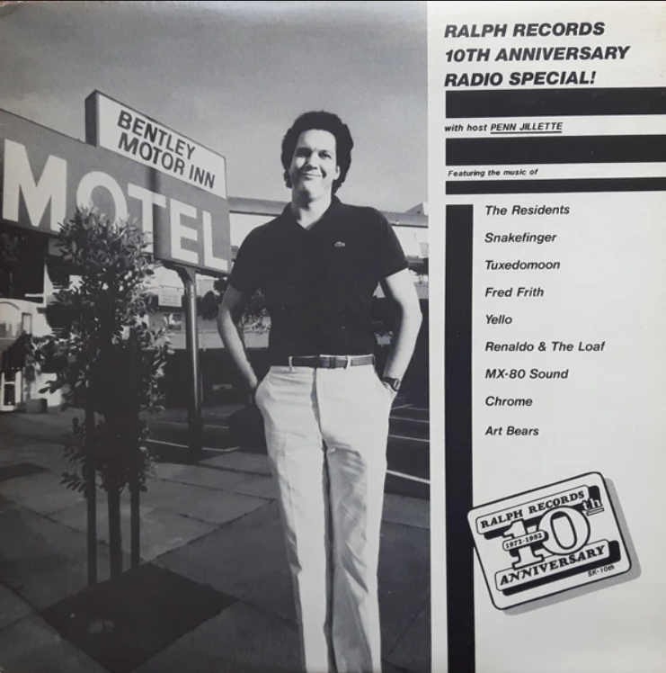 a linked image of the vinyl cover for the radio special. It features a picture of Penn Jillette smiling in front of the hotel he was trapped in, the Bentley Motor Inn.