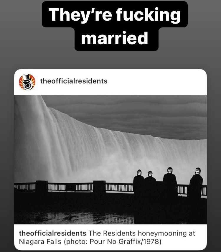 a screenshot of an Instagram story from Xavier sharing a post from the Official Residents account. The post shows a 1978 photo of the Residents together in front of Niagara Falls, with the caption stating that they are honeymooning. Xavier's caption on the post simply states, They're fucking married.