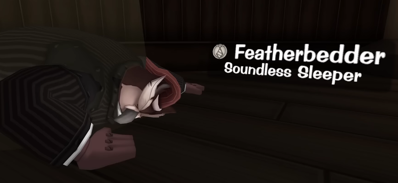 Feathbedder sleeping on a table next to the title 'Featherbedder, Soundless Sleeper.'