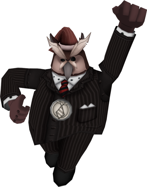 A render of Featherbedder raising their fist up in the air. Their eyes, which are small black dots and not seen in game, are exposed.